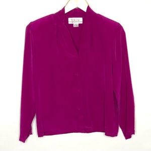 Vintage Talbots 100% Silk Top Magenta Button Down Long Sleeve Size 6